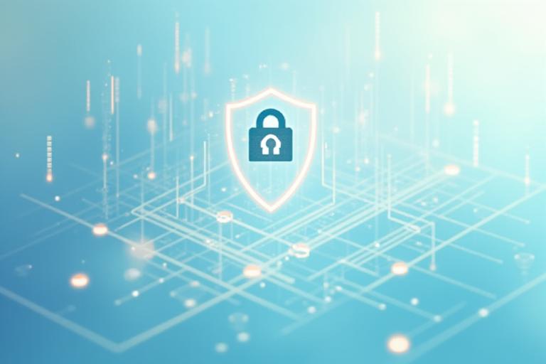 デジタルセキュリティの鍵と盾のアイコンが表示されている安全なデータセンターのイメージ。プライバシー保護を象徴する清潔でモダンなイラスト。