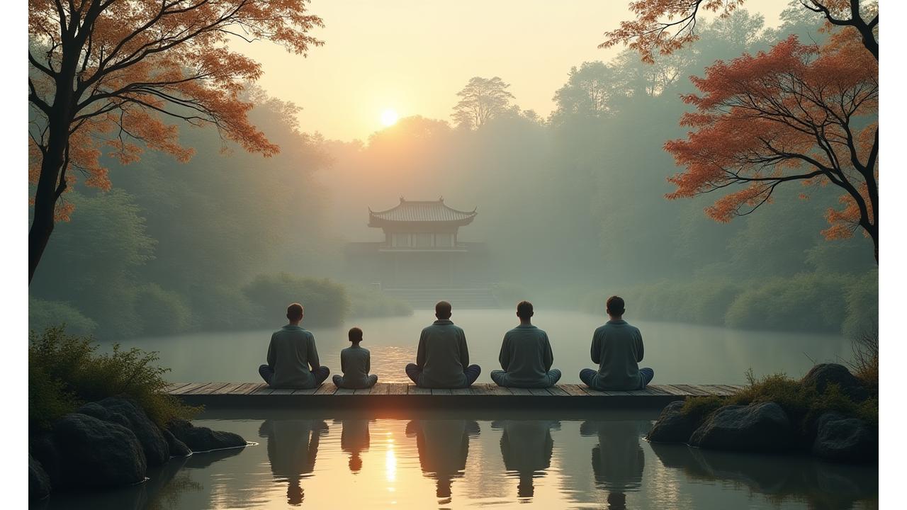 京都禅リトリートの風景：朝霧の中の庭園で瞑想するグループ